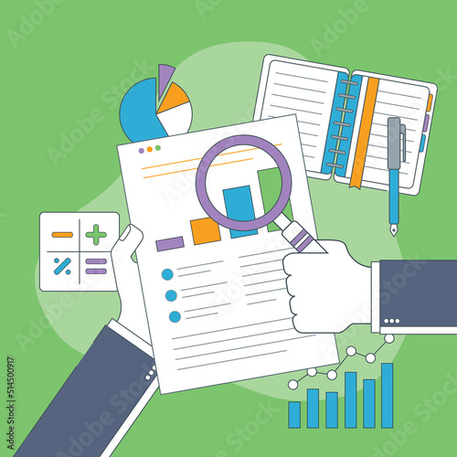Vector design of business, analysis and accounting. Businessman hand with magnifying glass over chart. Business analysis, accounting and business financial report concept.