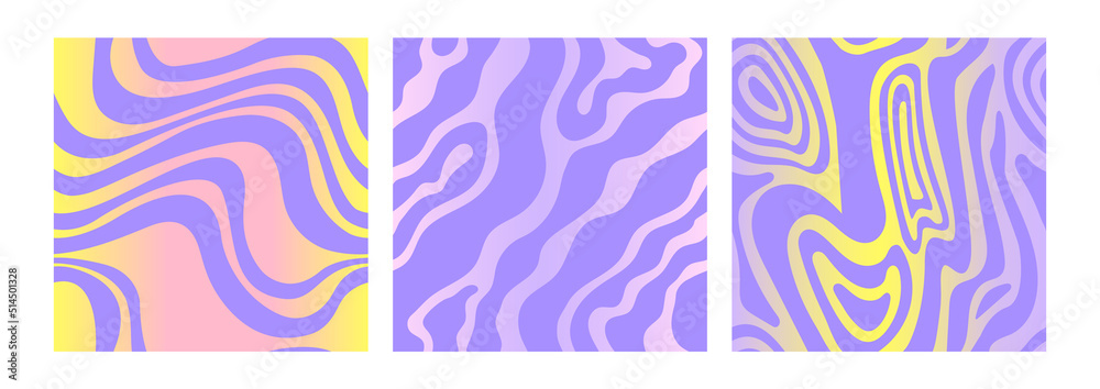Set of colorful psychedelic patterns with abstract organic shapes and gradients. Trendy retro backgrounds in 90s, 00s style.