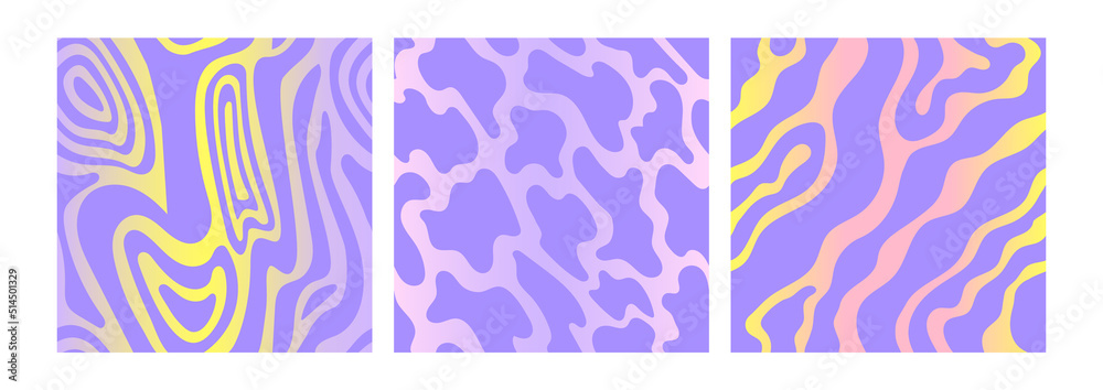 Set of colorful psychedelic patterns with abstract organic shapes and gradients. Trendy retro backgrounds in 90s, 00s style.