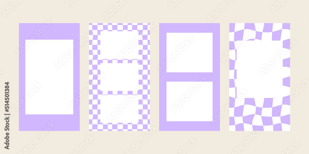 Set of vector templates with frames for social media. Purple wavy checkered texture in y2k aesthetic. Distorted cage in 00s, 90s style Set of vector templates with frames for social media. Purple wavy checkered texture in y2k aesthetic. Distorted cage in 00s, 90s style