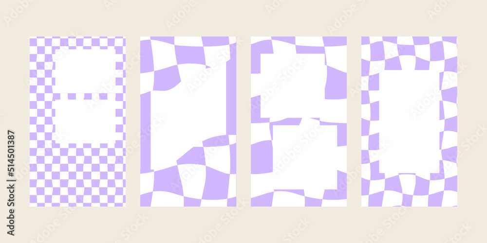 Set of vector templates with frames for social media. Purple wavy checkered texture in y2k aesthetic. Distorted cage in 00s, 90s style Set of vector templates with frames for social media. Purple wavy checkered texture in y2k aesthetic. Distorted cage in 00s, 90s style