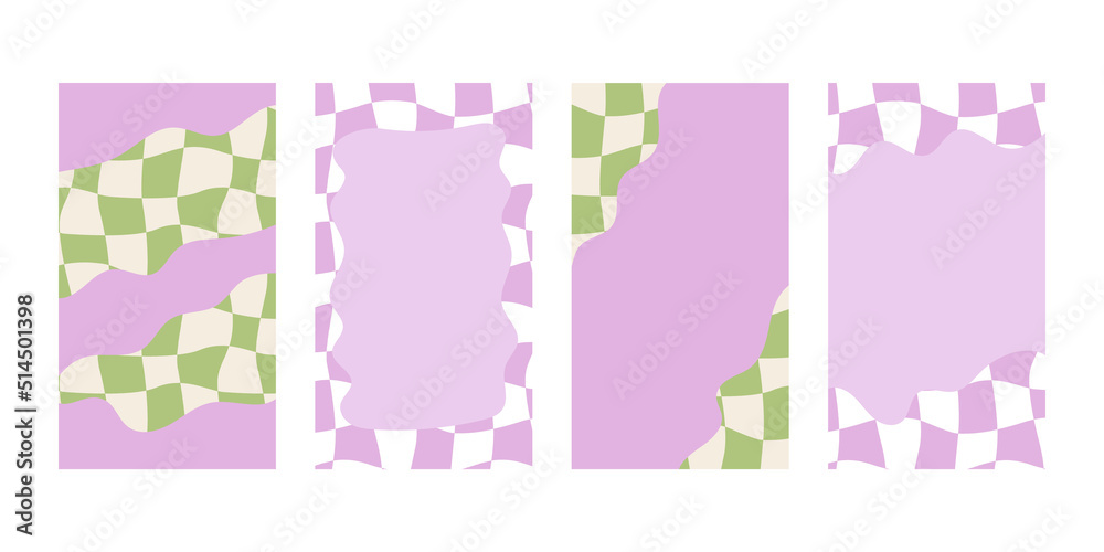 Set of vector nostalgic backgrounds for social media with wavy checkered texture and abstract shapes. Distorted cage in y2k aesthetic, 00s, 90s style Set of vector nostalgic backgrounds for social media with wavy checkered texture and abstract shapes. Distorted cage in y2k aesthetic, 00s, 90s style