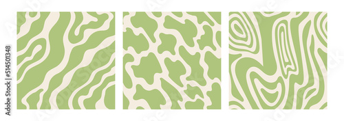 Set of abstract wavy seamless patterns in y2k style. Trendy retro psychedelic backgrounds in 90s, 00s style. Hippie, trippy patterns with waves and organic shapes