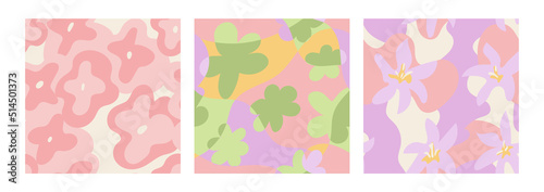 Set of floral seamless patterns with abstract flowers and wavy organic shapes. Low contrast blossom retro vector background	