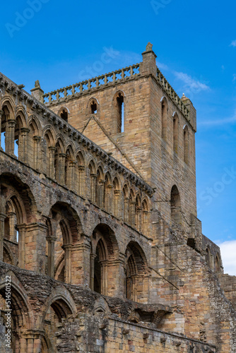 architectural detail view of the Augustinian Jedburgh Abbey ruins