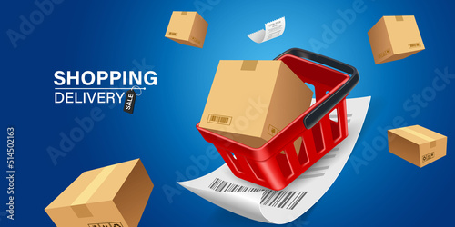 Parcel box in red shopping basket.red shopping basket on the bill.Illustration of online shopping and deliveryonline shopping concept design,vector 3d