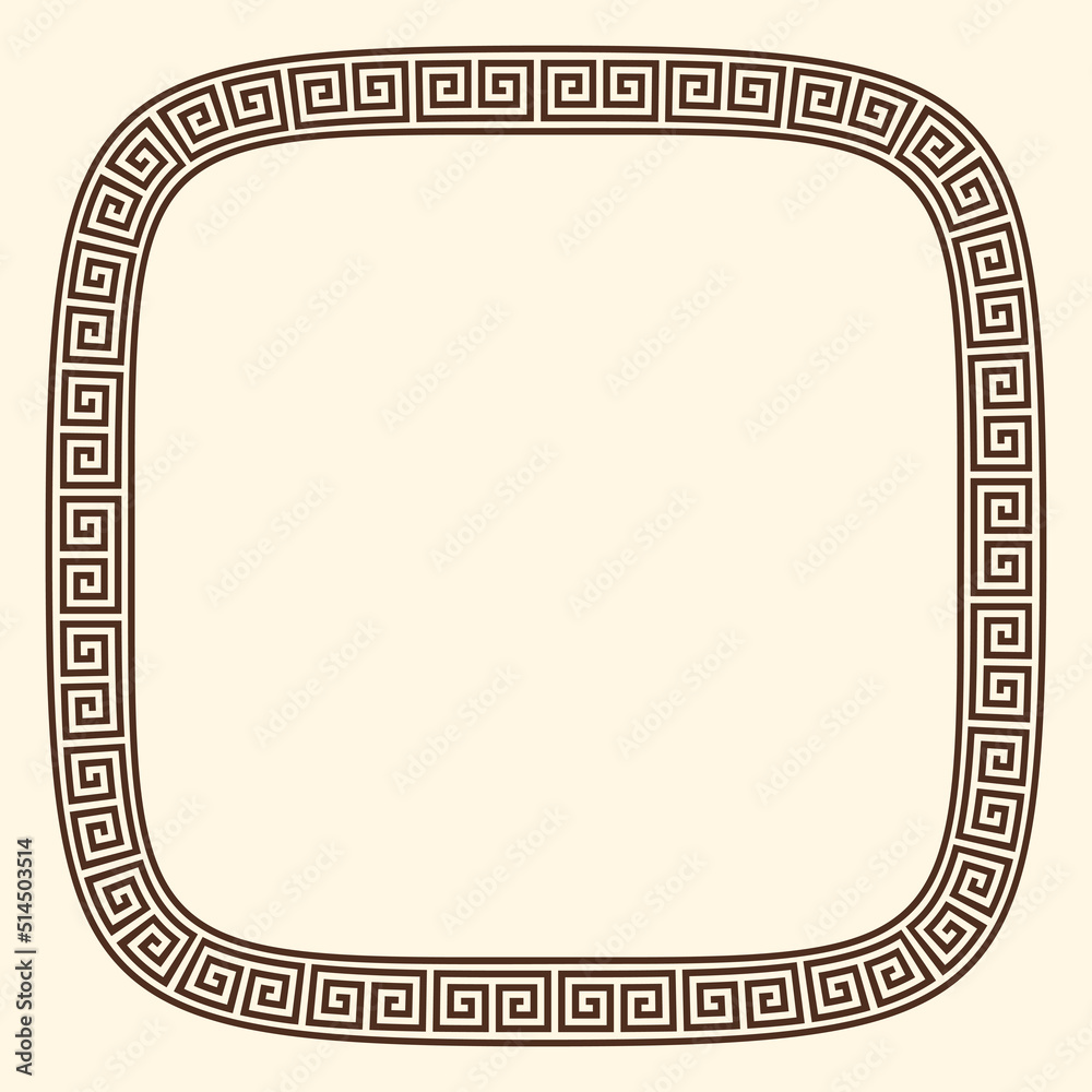 Greek key pattern, rounded square frame. Decorative ancient meander, greece border ornament with repeated geometric motif. Vector EPS10. Greek key pattern, rounded square frame. Decorative ancient meander, greece border ornament with repeated geometric motif. Vector EPS10.