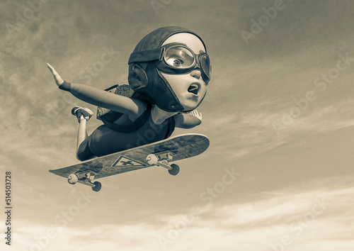 little boy cartoon flying on skate