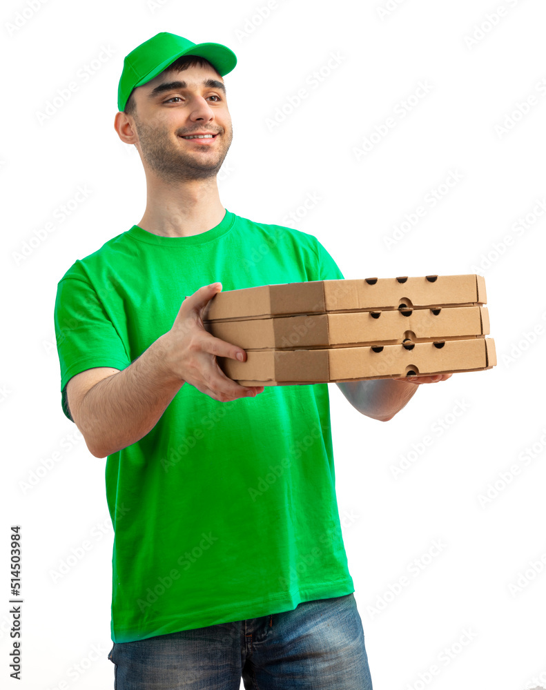 Pizza Delivery Driver with pizza box. Courier in uniform cap and t-shirt service fast delivering orders. Young man holding a cardboard package. Character on isolated white background Pizza Delivery Driver with pizza box. Courier in uniform cap and t-shirt service fast delivering orders. Young man holding a cardboard package. Character on isolated white background