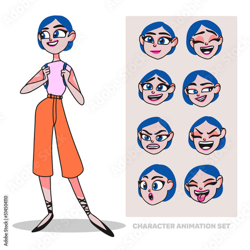Character animation set, young woman, full length, with a backpack, creating people with emotions, face animation, doodle