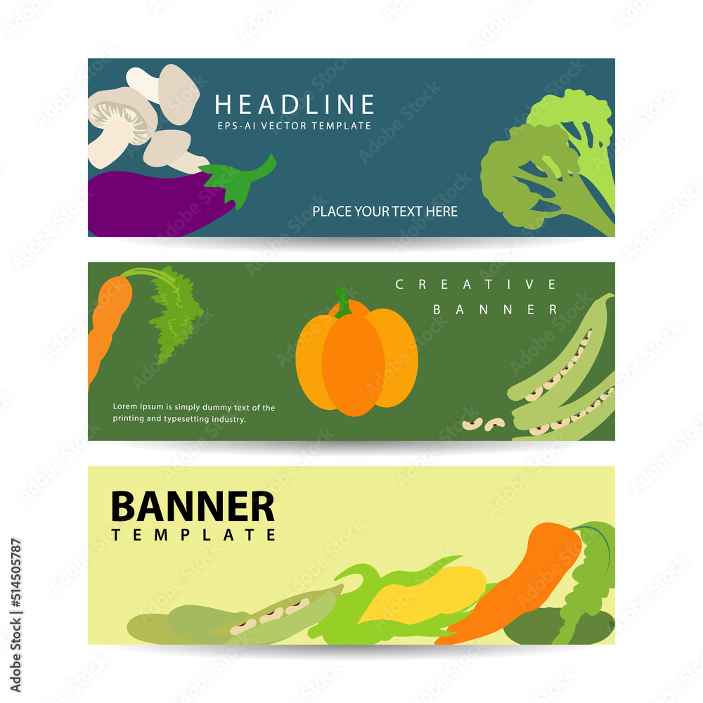Vegetables banner collection. Vegetables backgrounds. Healthy food. Banners set vector illustration