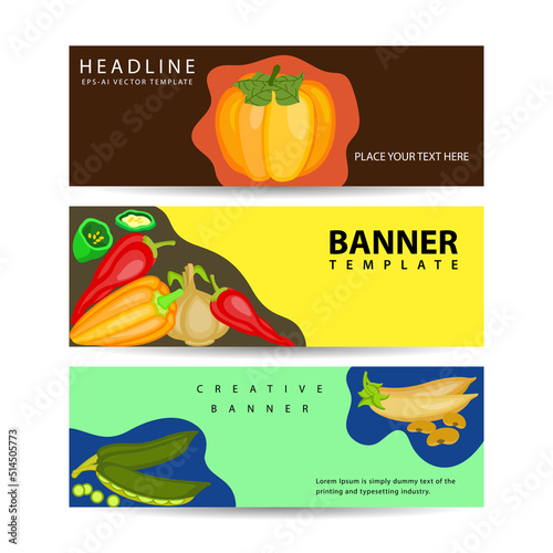 Horizontal banner for harvest festival advertisement with fresh vegetables. Banner set vector illustration