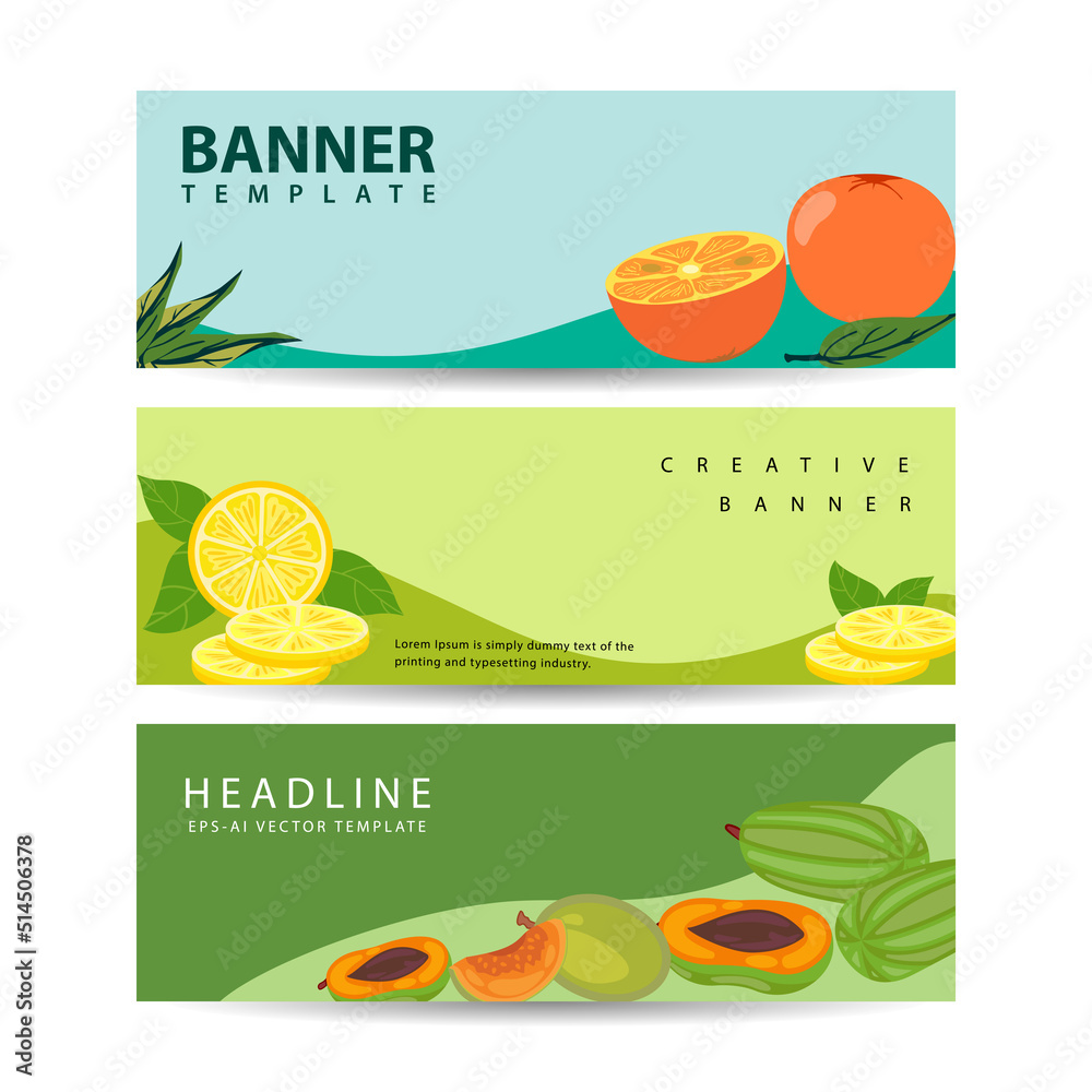 Banners with fruit about healthy eating. Vector banners template for healthy eating.