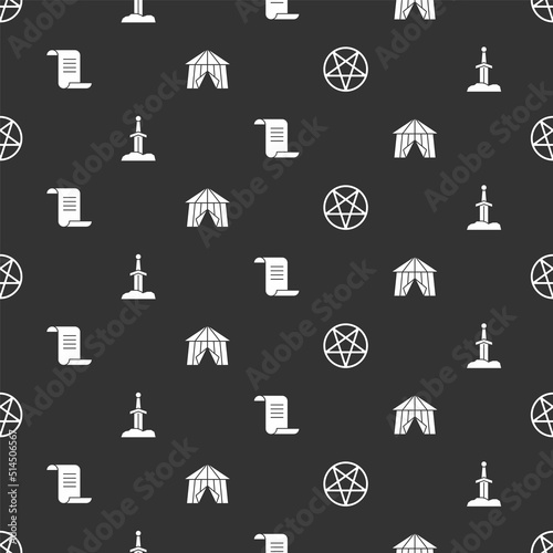 Set Pentagram in a circle, Sword the stone, Ancient magic book and Circus tent on seamless pattern. Vector