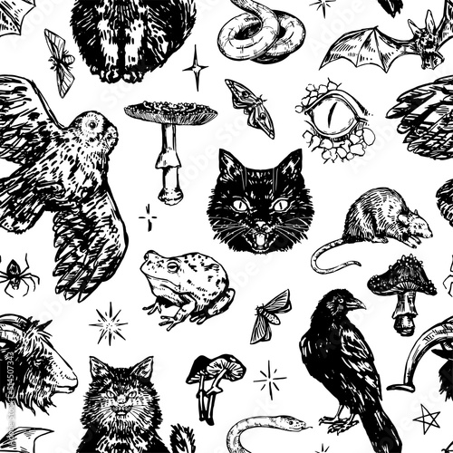 Wallpaper Mural Halloween animals seamless pattern. Ornament of realistic sketches of wild animals, mushrooms, insects. Vector illustration in retro engraving style Torontodigital.ca