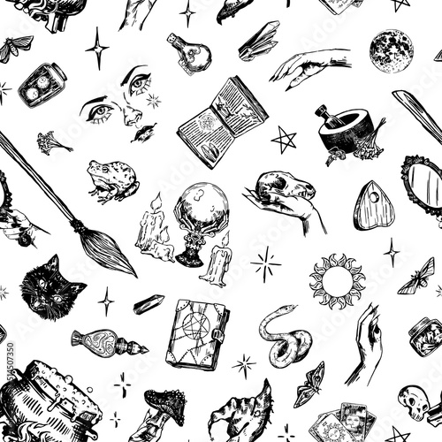 Halloween witchcraft seamless pattern. Ornament of realistic sketches of fortune teller inventory, witch attributes, occult items. Vector illustration in retro engraving style.