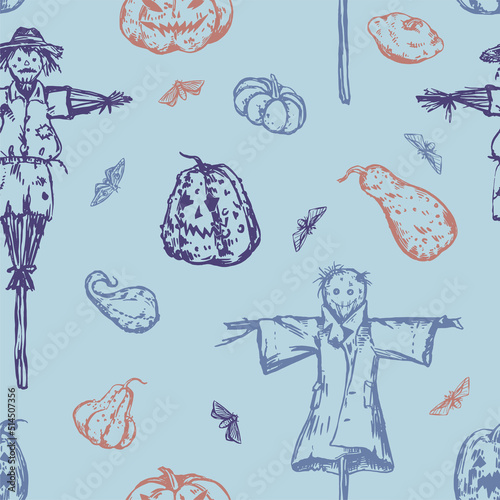 Halloween pumpkins seamless pattern. Ornament of scarecrows, lantern Jack, moths. Vector illustration in retro style. Abstract spooky design.
