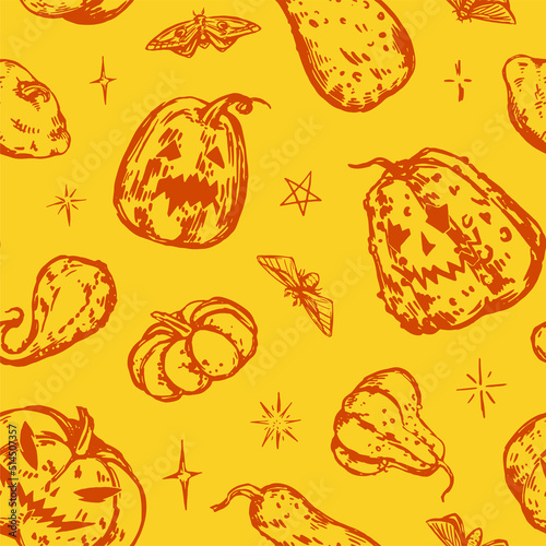 Pumpkins seamless pattern. Ornament of halloween theme, lantern Jack, insect moths. Vector illustration in retro style. Abstract design for decor, wallpaper, background.