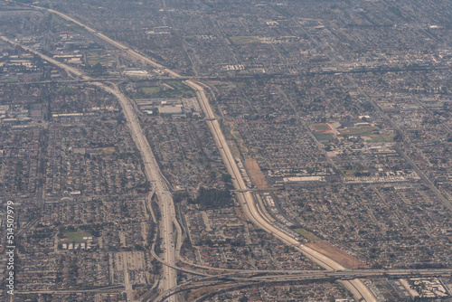 Aerial view of the 710 and the 5 Freeways over the City of Los Angeles in Southern California USA