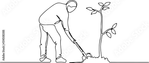 A man with a shovel is planting a tree. Gardening. One line vector illustration.