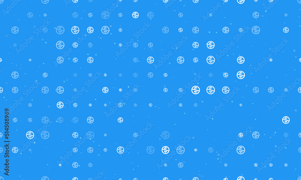 Seamless background pattern of evenly spaced white no dollar symbols of different sizes and opacity. Vector illustration on blue background with stars