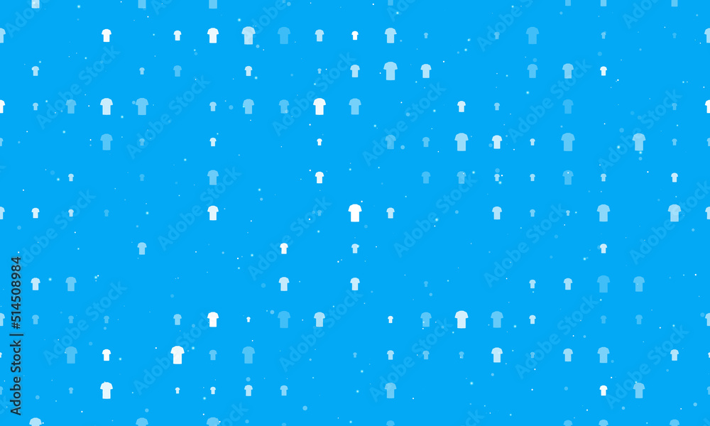 Seamless background pattern of evenly spaced white t-shirt symbols of different sizes and opacity. Vector illustration on light blue background with stars