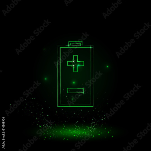 A large green outline battery symbol on the center. Green Neon style. Neon color with shiny stars. Vector illustration on black background