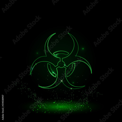 A large green outline biohazard symbol on the center. Green Neon style. Neon color with shiny stars. Vector illustration on black background
