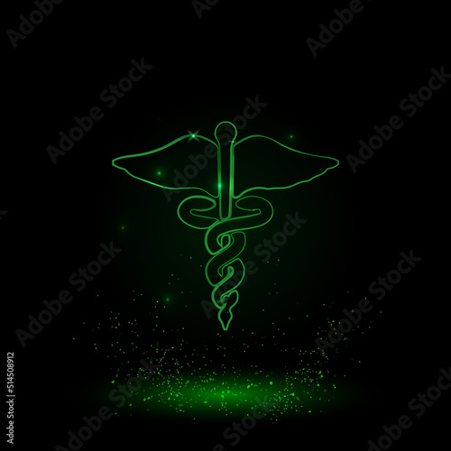 A large green outline caduceus symbol on the center. Green Neon style. Neon color with shiny stars. Vector illustration on black background