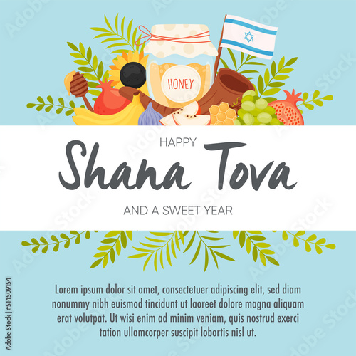 Happy Rosh Hashanah day, Shana Tova greeting card. Vector illustration