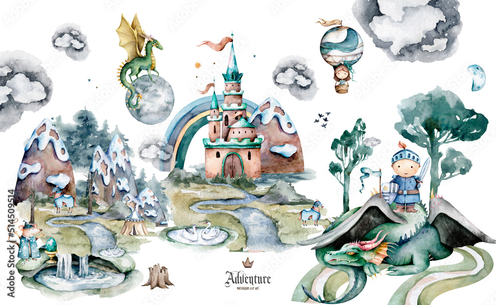 Knight, dragon and castle watercolor illustration. Fabulous mystical story of a knight. Balloon princess, horse and dragon victory. Landscape design for inra in cartoon style, clipart on a white