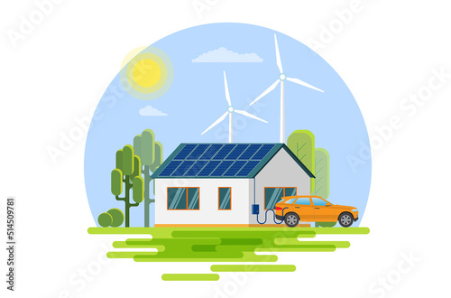Electric car parking charging at home wall box charger station on residence family house. 