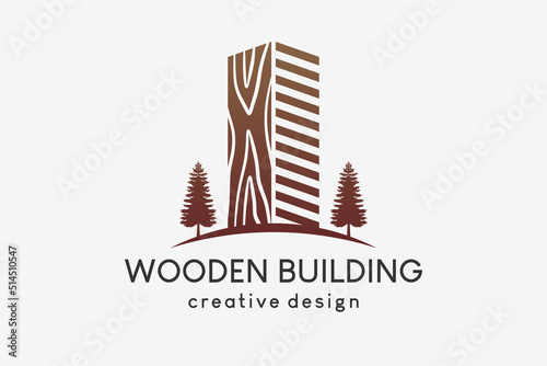Wooden building logo design with fir tree silhouette in creative concept