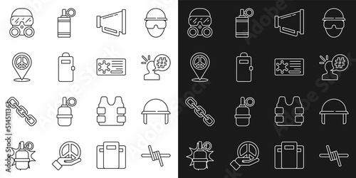 Set line Barbed wire, Military helmet, Protest, Megaphone, Police assault shield, Location peace, Gas mask and badge icon. Vector