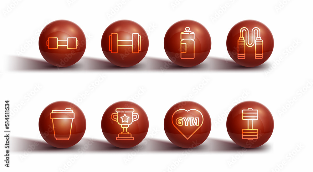 Set line Dumbbell, Fitness shaker, Jump rope, gym heart, Award cup, and icon. Vector Set line Dumbbell, Fitness shaker, Jump rope, gym heart, Award cup, and icon. Vector