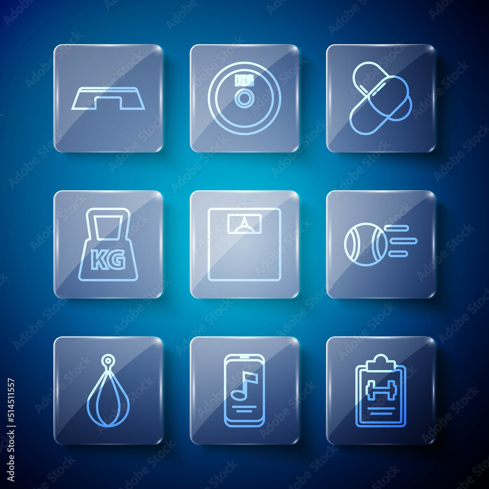 Set line Punching bag, Music player, Sport training program, Sports nutrition, Bathroom scales, Weight, Step platform and Tennis ball icon. Vector Set line Punching bag, Music player, Sport training program, Sports nutrition, Bathroom scales, Weight, Step platform and Tennis ball icon. Vector