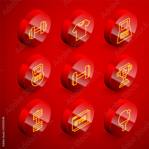 Set line Dumbbell, T-shirt, Weight, Kettlebell, Award cup, and Online fitness and training icon. Vector