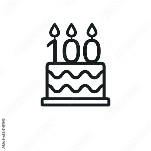 Birthday cake line icon with candle number 100 (one hundred). Vector.