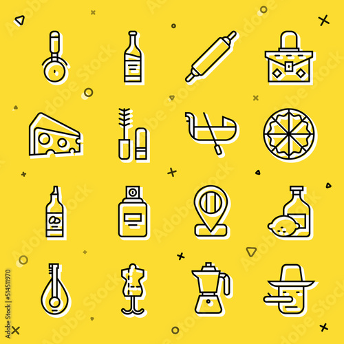 Set line Pinocchio, Limoncello bottle, Pizza, Rolling pin, Mascara brush, Cheese, knife and Gondola icon. Vector