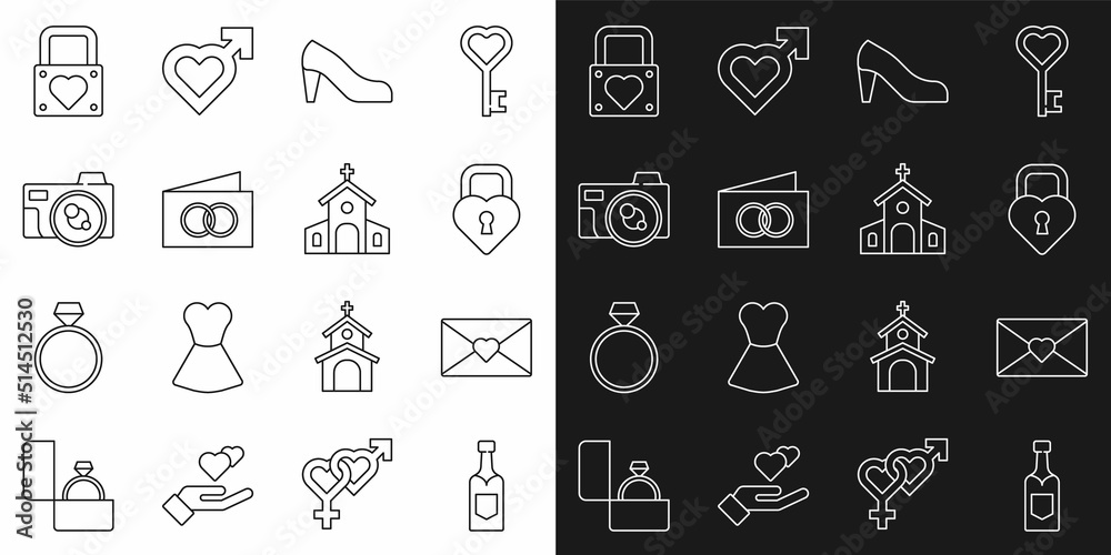 Set line Champagne bottle, Envelope with Valentine heart, Castle the shape of, Woman shoe, Greeting card, Photo camera, Lock and and Church building icon. Vector