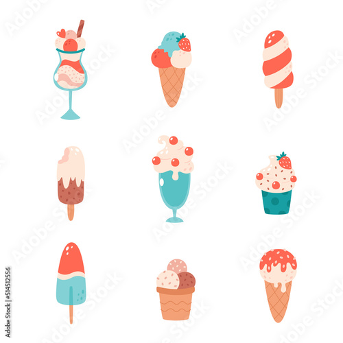 Ice cream collection. Ice cream cone with different flavors, ice lolly, ice cream in glass. Summertime, hello summer. Hand drawn vector illustration