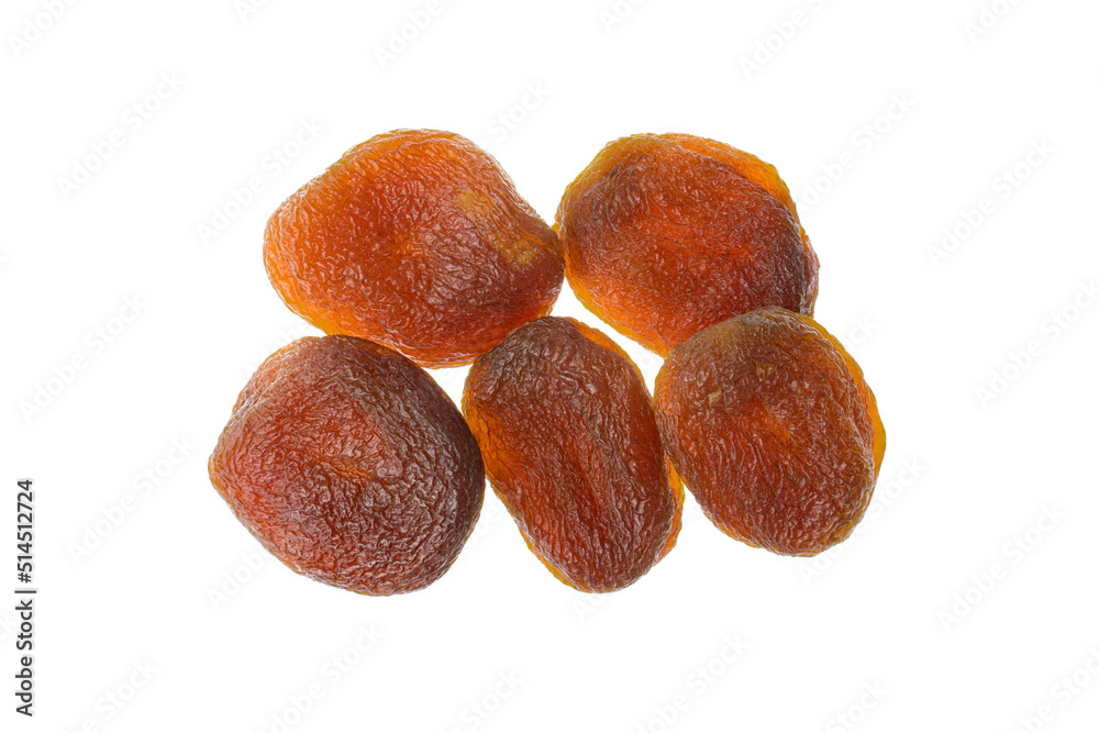 Naturally dried apricots isolated on white background, top view.