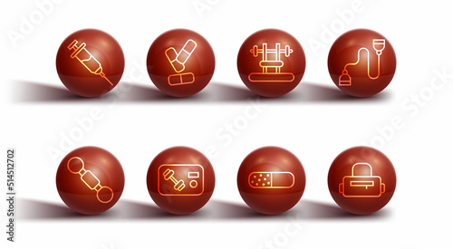 Set line Doping syringe, Dumbbell, Chest expander, Vitamin pill, Fitness club, gym card, Sport bag and Bench with barbel icon. Vector