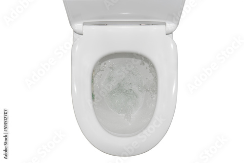 Flushing toilet bowl, top view, isolated on white background.