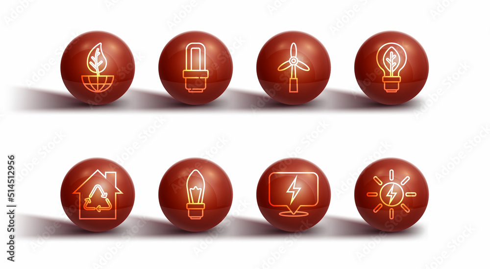 Set line Earth globe and leaf, Eco House with recycling, Light bulb, Lightning bolt, LED light, Solar energy panel and Wind turbine icon. Vector Set line Earth globe and leaf, Eco House with recycling, Light bulb, Lightning bolt, LED light, Solar energy panel and Wind turbine icon. Vector