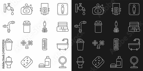 Set line Round makeup mirror, Bathtub, Towel stack, Gas boiler, Trash can, Industry metallic pipe, Water tap and Toilet brush icon. Vector
