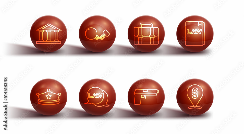Set line Courthouse building, Police cap with cockade, Law book, Pistol or gun, Ball on chain, Location law and Briefcase icon. Vector Set line Courthouse building, Police cap with cockade, Law book, Pistol or gun, Ball on chain, Location law and Briefcase icon. Vector