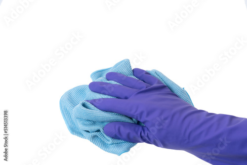 Woman hand in blue rubber glove with microfiber rag, isolated on white background.