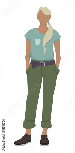 A dark-skinned girl stands and holds her hands in her pocket. Blonde.