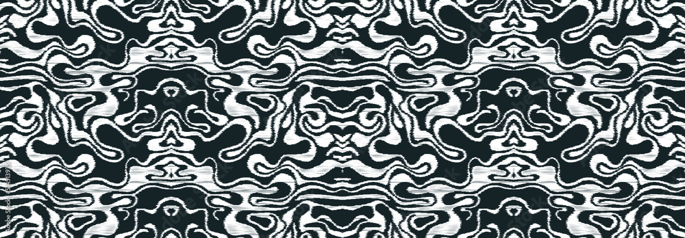 Black and white seamless pattern drawn in ikat technique. Can be used for a textile design
